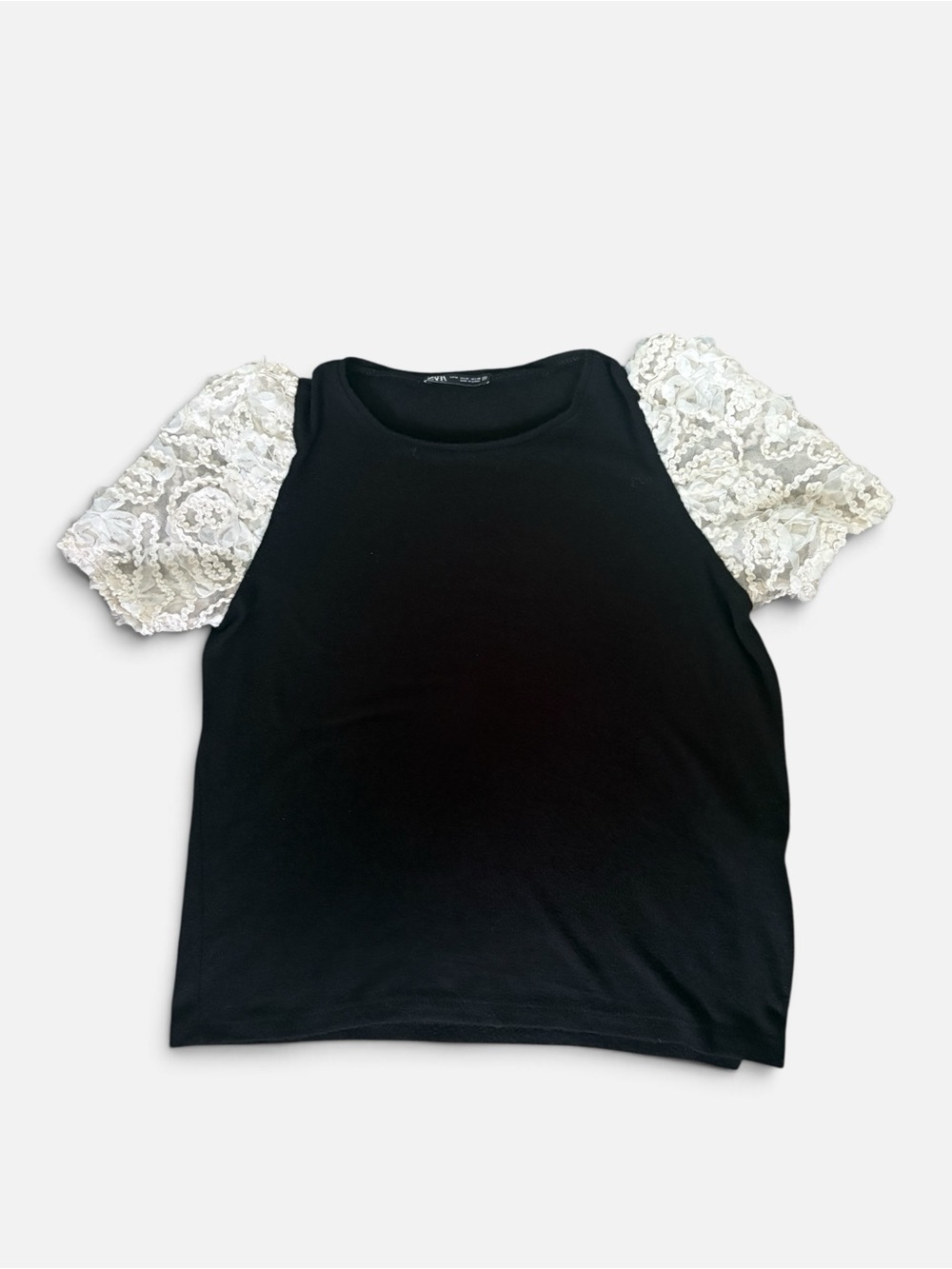 Zara Black Tee with White Lace Puff Sleeves